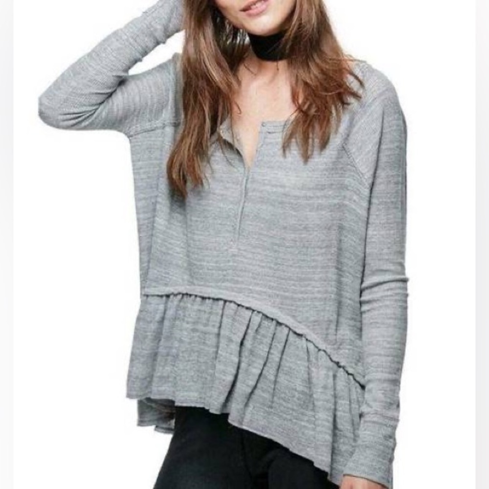 Free People Gray Ruffle-Hem Henley Top